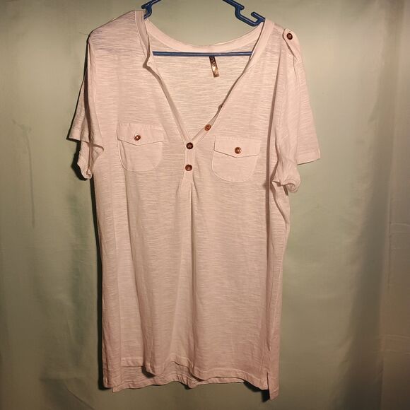Women's White Short Sleeve Henley Tunic Top with Button Detail - Picture 1 of 5